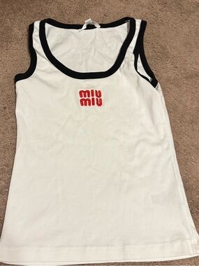 Miu Miu White Tank with Black Trim and Red Logo Embroidery